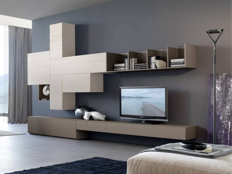 میز تلویزیون LED LCD چوبی ام دی اف قهوه ای دیوار آبی بنفش