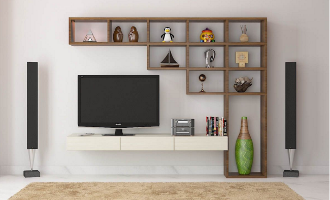 میز تلویزیون LED LCD چوبی ام دی اف دیواری سفید وکیوم استند دیواری چوبی